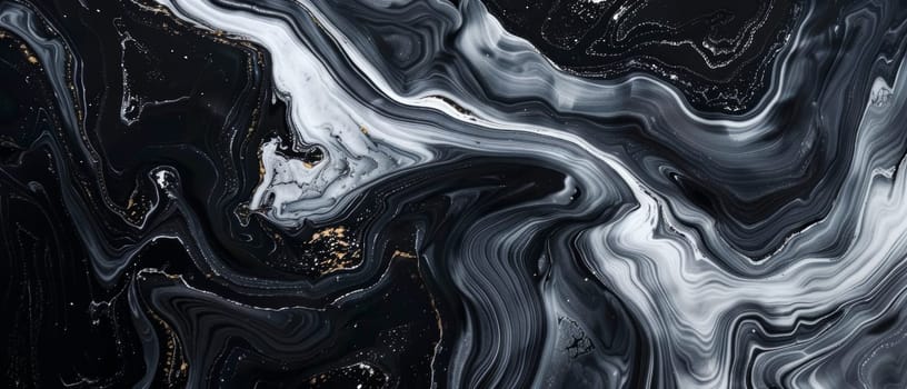 A captivating swirl of black and white marble creates an artistic flow in this image. The golden accents provide a luxurious contrast against the fluid marble patterns