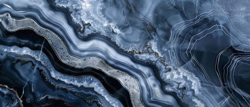 This image showcases sumptuous swirls of dark marble, complemented by white and silver layers that weave through the composition, creating a striking visual effect
