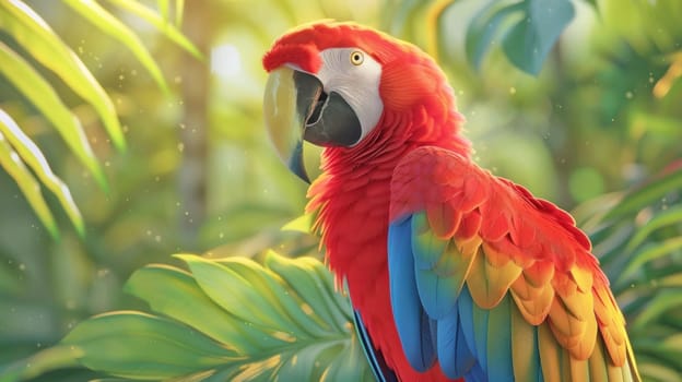 Red Macaw in lush foliage portrait. Created using AI generated technology and image editing software.