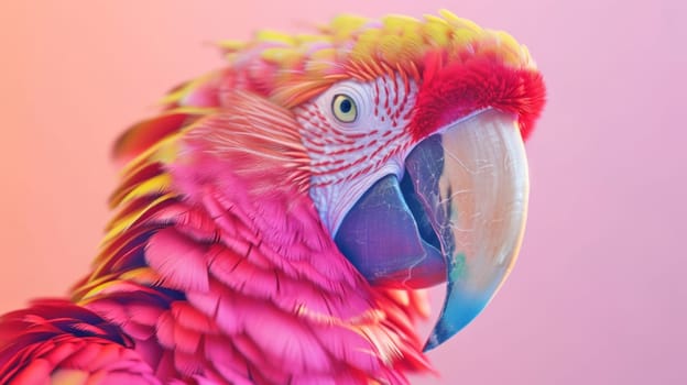 Face shot of a synthetic pink macaw. Created using AI generated technology and image editing software.