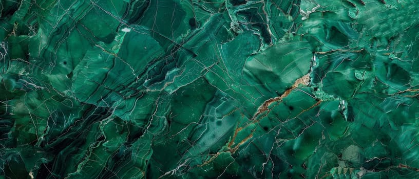 This panoramic image features a vast expanse of crystalline green marble, with a complex network of fractures and veins that create a breathtaking natural mosaic