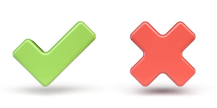 Green correct and red incorrect sign 3D rendering illustration isolated on white background