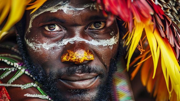 A man with his face painted in traditional patterns and wearing feathers on his head. He appears to be participating in a cultural or ceremonial event, showing pride and connection to his heritage.