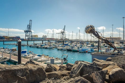 Puerto del Rosario, Spain, February 16th 2024: View on port and marina of Puerto del Rosario, Fuerteventura on the Canary Islands of Spain