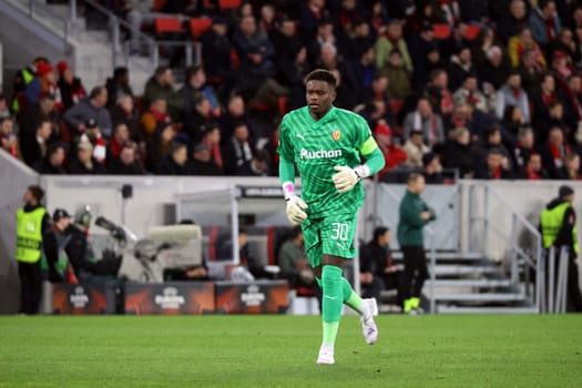 Goalkeeper Brice Samba (RC Lens) during the match of the Football Europa League - Qualification 1/8 Final,SC Freiburg vs RC Lens