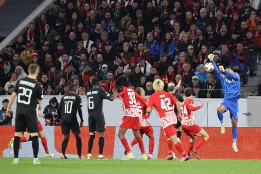 The fateful blunder of goalkeeper Noah Atubolu (SC Freiburg) to the 0:2 half-time score for RC Lens in the match of the Football Europa League - Qualification 1/8 Final,SC Freiburg vs RC Lens