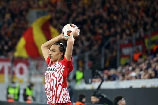 Kiliann Sildillia (SC Freiburg) takes a throw-in during the match of the Football Europa League - Qualification 1/8 Final,SC Freiburg vs RC Lens