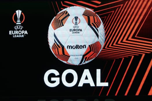 Scoreboard in the stadium at the Europa League match with the goal indication at the match of the Football Europa League - Qualification 1/8 Final,SC Freiburg vs RC Lens
