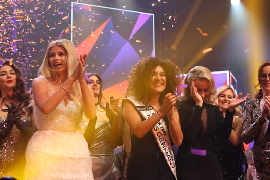 The colleagues celebrate and congratulate Apameh Schönauer (Berlin),39 years,Successful architect and activist for women's rights wins the election of the Miss Germany Award 2024 - Europapark Rust - The final at Europapark Rust - On Saturday,04 March 2023,the title "Miss Germany"" was awarded for the 20th time at Europapark. 900 guests attended the proclamation at the DOME,and more than 100 media representatives from the press,radio and television were accredited."