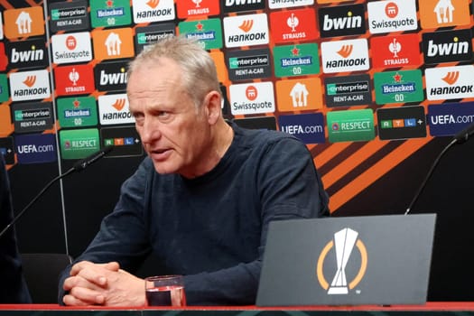 Coach Christian Streich (SC Freiburg) at the press conference,PK after the match of the Football Europa League - Qualification 1/8 Final,SC Freiburg vs RC Lens