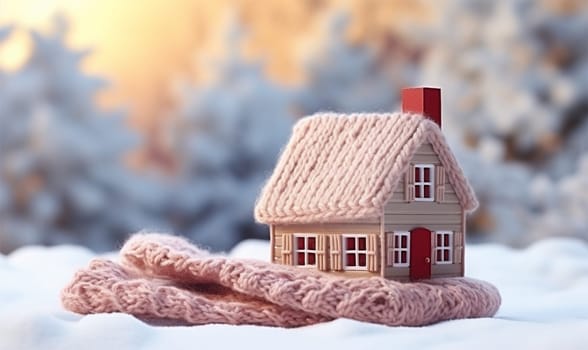 A miniature house wrapped in a knitted scarf in the middle of a snowy landscape, symbolizing warmth and comfort. heating system concept and cold snowy weather.copy space