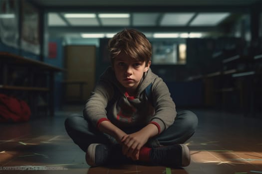 A boy sits alone in a school corridor. This is a painful moment of loneliness.