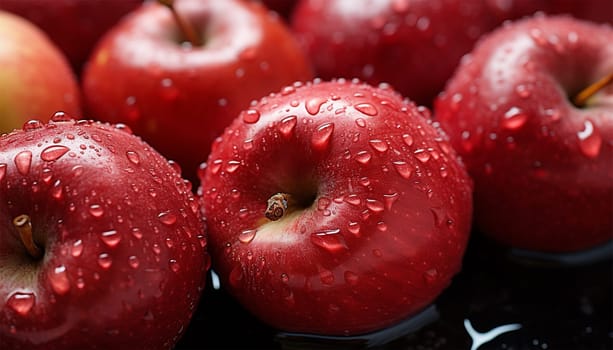 Close-up of red apples with water droplets, highlighting their freshness and vibrant color.Food blogging, nutrition guides, agricultural promotion