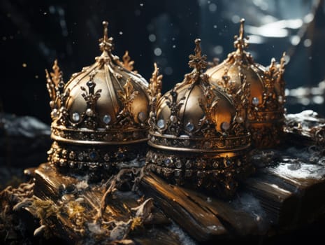 three golden royal crowns with precious stones.Crown for the king