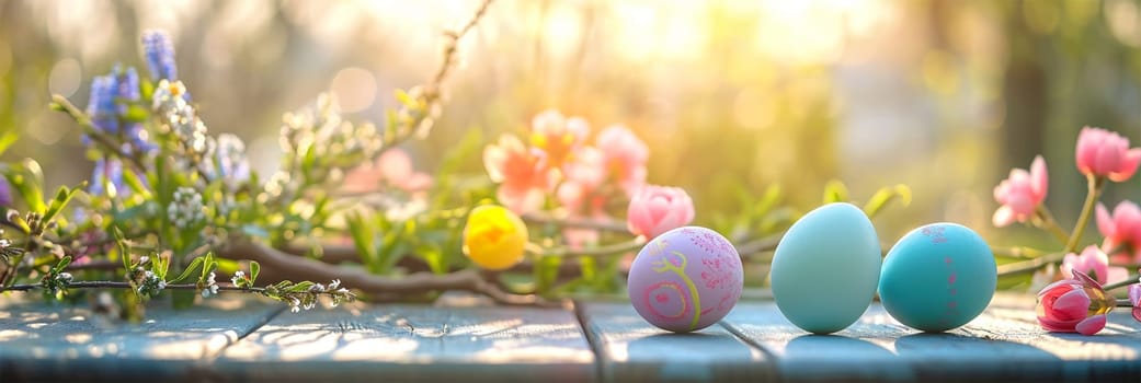 table with Easter eggs in the foreground and a spring garden ,Colorful hand-painted Easter eggs on wooden surface with spring flowers in background.