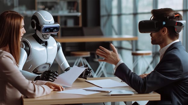 A humanoid robot interacts with two business professionals wearing VR headsets in a modern office.