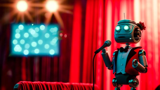 A robot dressed in a tuxedo performing on a stage, with red curtains and spotlights.Suitable for concepts related to technology in entertainment or futuristic performances