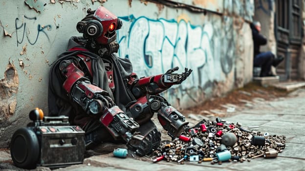 An old, unwanted Robot sits among collected parts, screws and nuts near a wall .Great for environmental campaigns or themes related to urban decay