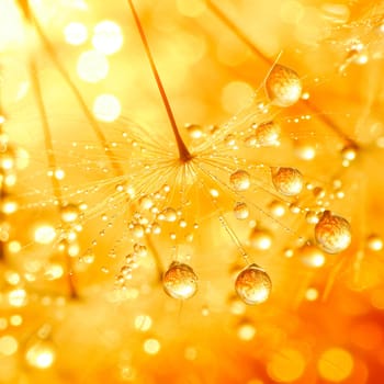 Golden Dewdrops on Dandelion Seeds.Sunlit dandelion seeds with dewdrops.