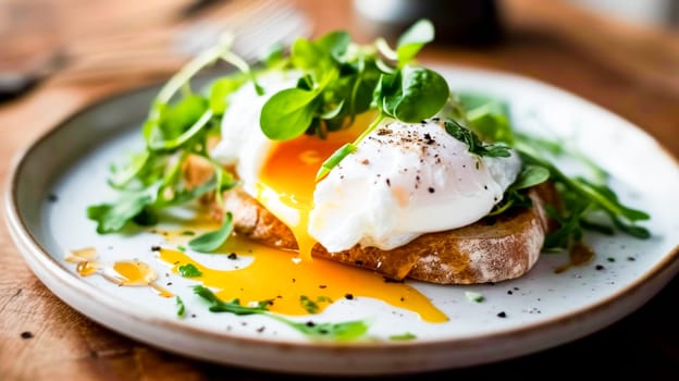 Poached egg on top of toast and fresh herbs, with yolk dripping down the side. Adaptation for culinary topics and cookbooks.
