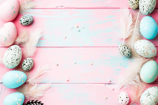Banner. A set of Easter eggs and feathers in pastel colors placed on a pink wooden surface.