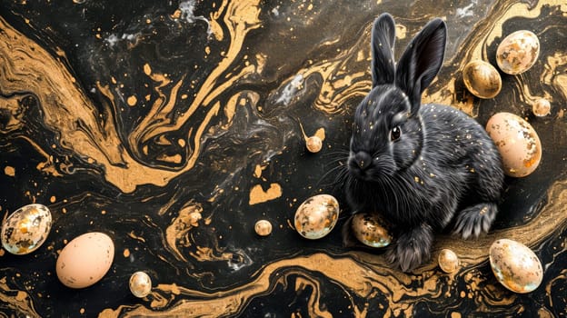 A black rabbit amidst golden eggs on an abstract black and gold background.for holiday themes, artistic backgrounds, or concept art.