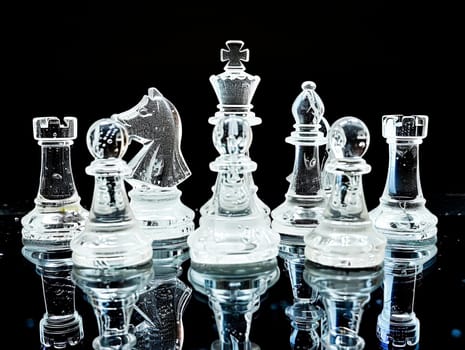 Glass chess pieces on a reflective surface, symbolizing strategy and clarity.conceptual art, strategic thinking content, and intellectual challenges.