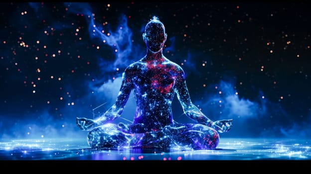 A human silhouette meditating in cosmos with stars, embodying tranquility.