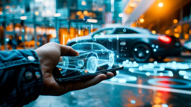 Hand holding a holographic projection of a car with a cityscape background.futuristic city concepts or technology advertising.