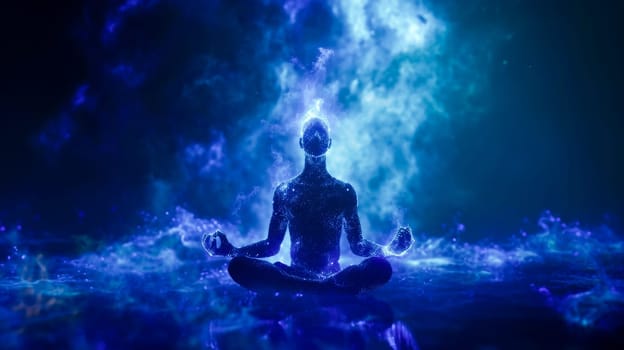 A human silhouette meditating in cosmos with stars, embodying tranquility.