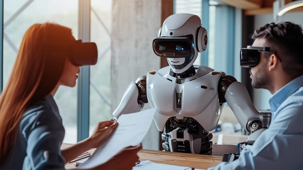 A humanoid robot interacts with two business professionals wearing VR headsets in a modern office.