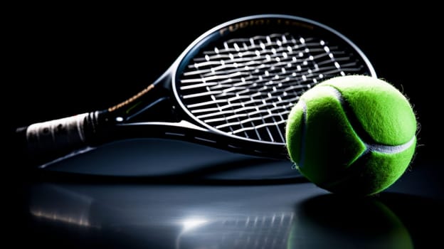 new tennis racket and ball on perfect black background .for sports marketing, athletic training content, and sporting goods promotion.