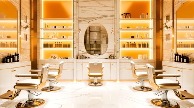 A large salon with elegant gold and white decor, mirrors and luxurious seating, exuding luxury.Design inspiration or promotional materials for cosmetics business.