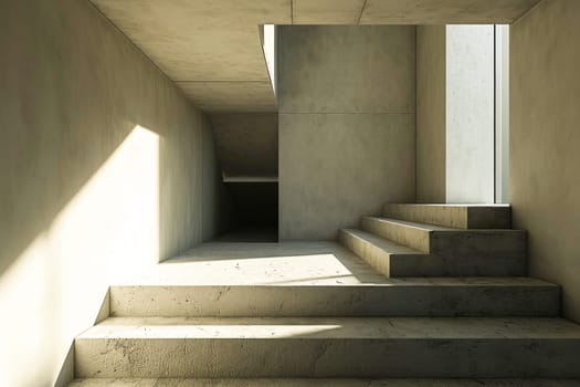 Sunlight casts sharp shadows on the concrete stairs, giving geometric shapes.minimalistic interior