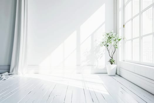 A bright, spacious room, sunlight pours through a large window onto the white floor.minimalistic interior