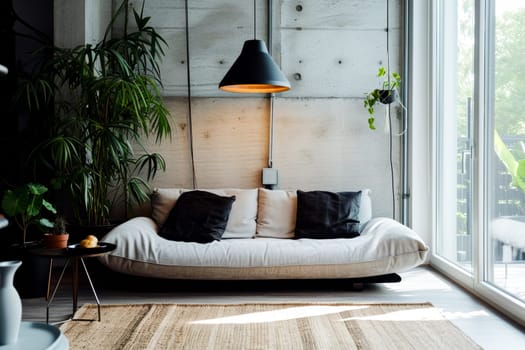 Cozy modern living room with sofa, plants and stylish interior lighting.minimalistic interior ,home decor and lifestyle