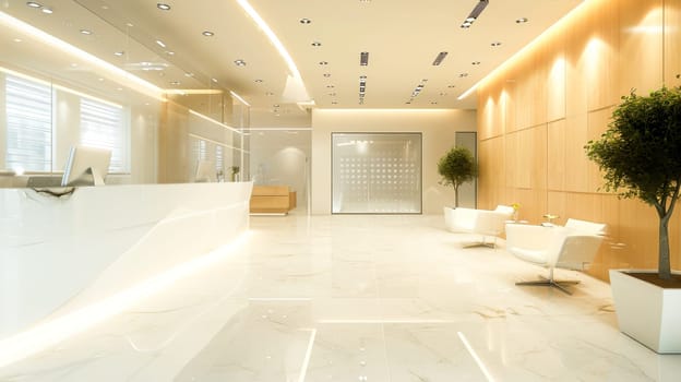 A modern, bright corporate lobby interior with minimalist design.admission department of a super modern clinic. for corporate design inspiration, real estate showcases.