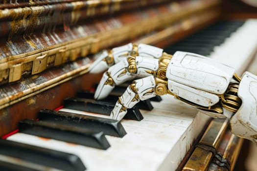 A robotic arm playing a classical piano is a combination of music and technology.