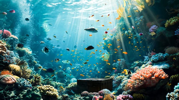 Sunlight penetrates the surface of the ocean onto a vibrant coral reef teeming with marine life. A treasure chest at the bottom.travel and tourism advertising.