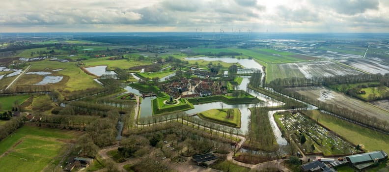 aerial view of Bourtange, a fortified village in the Netherlands. It is a historic star shaped fortification dating from the middle ages.