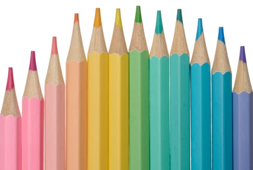 Multi-colored wooden pencils on a white background