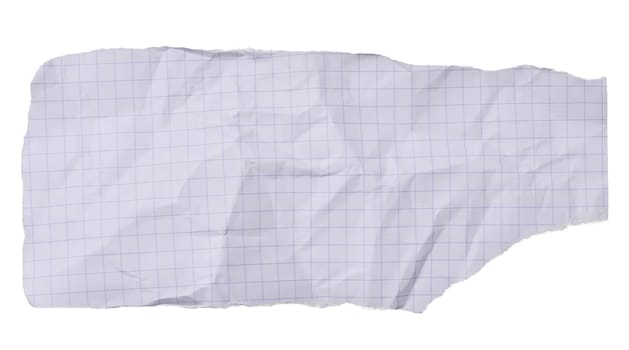 Torn crumpled piece of checkered paper on an isolated background, close up