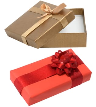 Cardboard box  and silk bow isolated on white background, gift wrapping