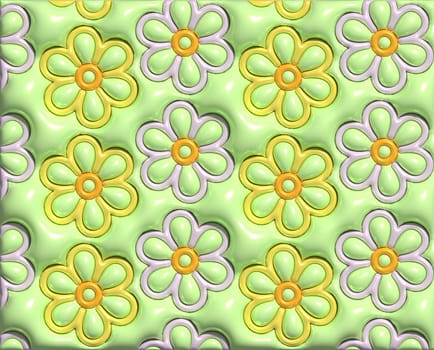 Repeating pattern of daisy flowers on a green background, 3D rendering illustration
