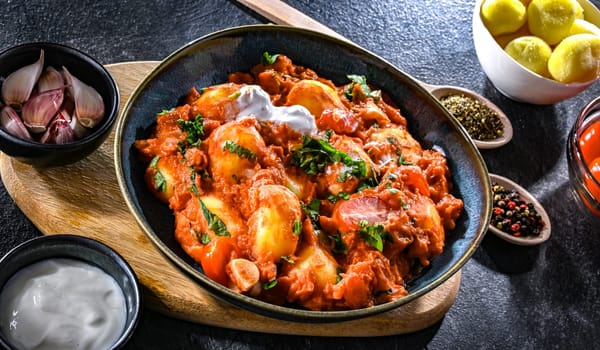 Creamy tomato gnocchi with burrata, basil and garlic.