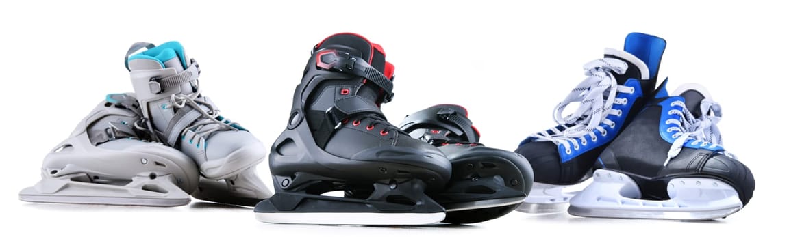 Three pairs of ice skates isolated on white background.