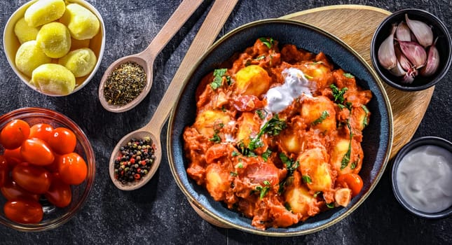 Creamy tomato gnocchi with burrata, basil and garlic.