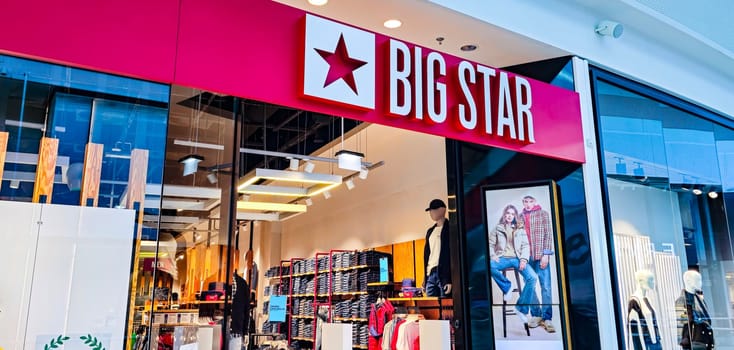 POZNAN, POL - FEB 16, 2024: Front entrance to Big Star store in Poznan shopping mall