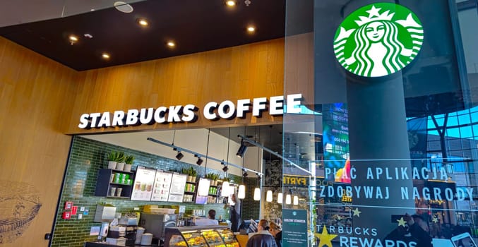 POZNAN, POL - FEB 16, 2024: Starbucks coffee shop in Poznan shopping mall