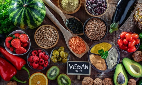 Food products representing the vegan diet. Veganism.